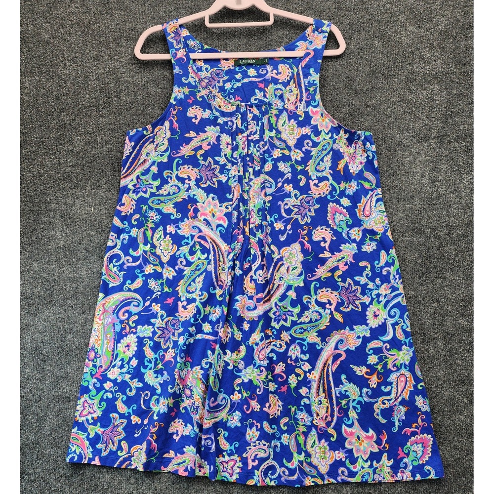Lauren Ralph Lauren Paisley Sleeveless A-Line Cotton Shift Dress Blue Women's L - Picture 2 of 10